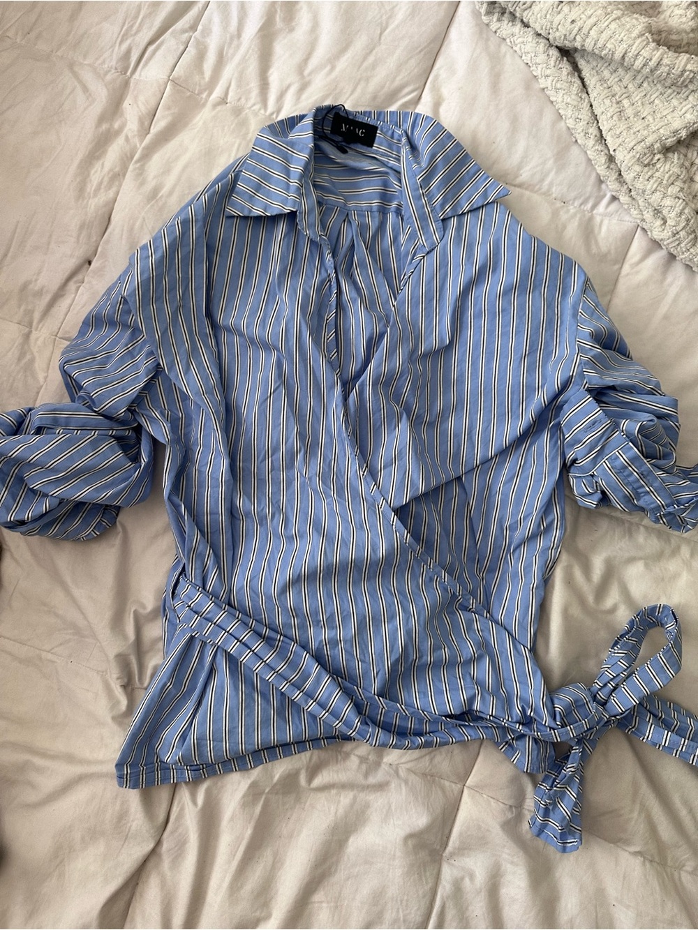 Blue pinstripe maac London tie cross top